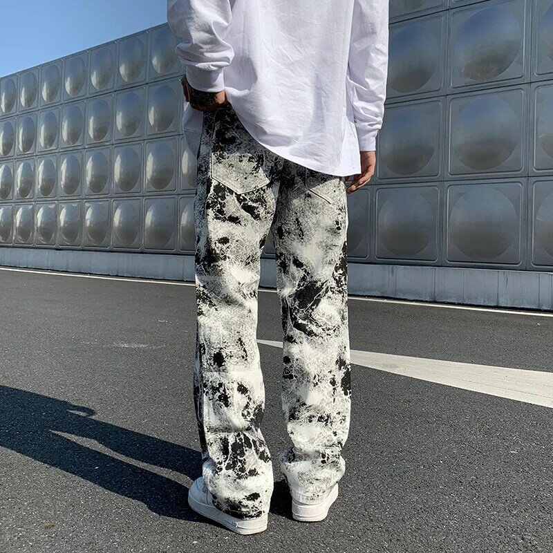 Męskie nadrukowana moda dżinsy wiosna 2023 mopem spodnie dżinsy koreański styl główna ulica luźne hip-hopowe szerokie nogawki spodnie dżinsowe