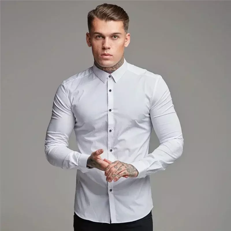 Рубашка мужская с длинным рукавом, модная однотонная приталенная Повседневная Деловая одежда, одежда для спортзала, фитнеса, осень