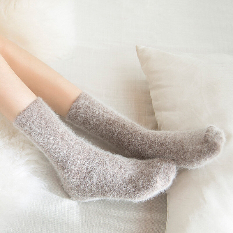 Calcetines de lana de conejo de Angora para mujer, medias gruesas de algodón, de Color puro, cálidas, para invierno