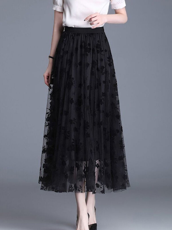 Rok jaring motif bunga Midi A-Line, rok jala longgar elegan, Rok kantor kasual warna hitam musim panas untuk wanita