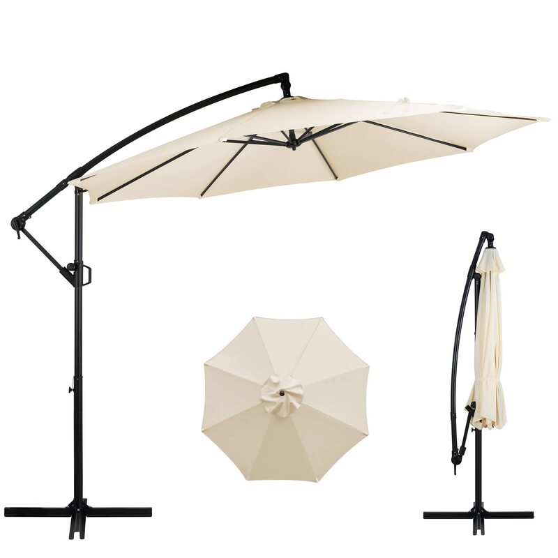 Guarda-chuva offset do pátio com fácil ajuste de inclinação, manivela e base cruzada, guarda-chuva suspenso cantilever ao ar livre, creme branco, 8 costelas