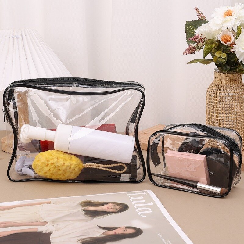 Modern Simple Transparent Black Pink Lines Portable Travel Toiletries Make Up Bag PVC Waterproof Wear-resistant Cosmetic Cases