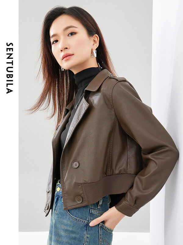Sentubila Spring Coffee Lapel Cropped Pu Leather Coat 2024 Double Breasted Straight Long Sleeve Women's Bomber Jacket W41G52771