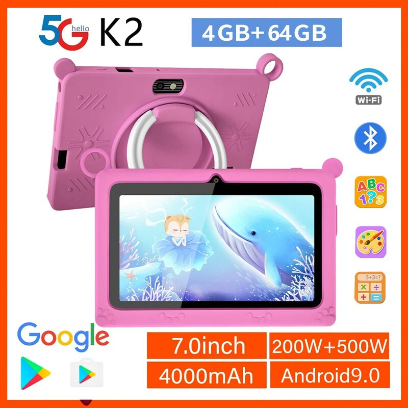 BDF K2 Tablet WiFi anak-anak, 7 inci Quad Core RAM 4GB ROM 64GB, pendidikan belajar Google Play Android 9.0 Tablet Pc
