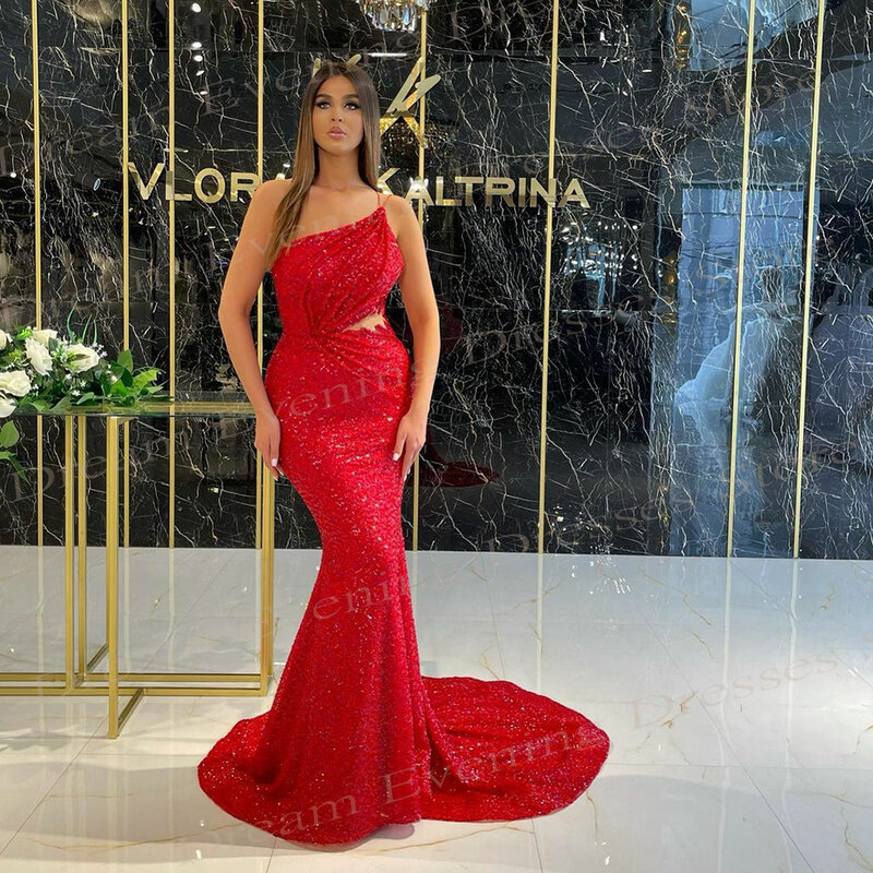 Chromatic Red Sequined Mermaid Evening Dresses One Shoulder Spaghetti Straps Backless Prom Gowns Sleeveless Vestidos De Noche