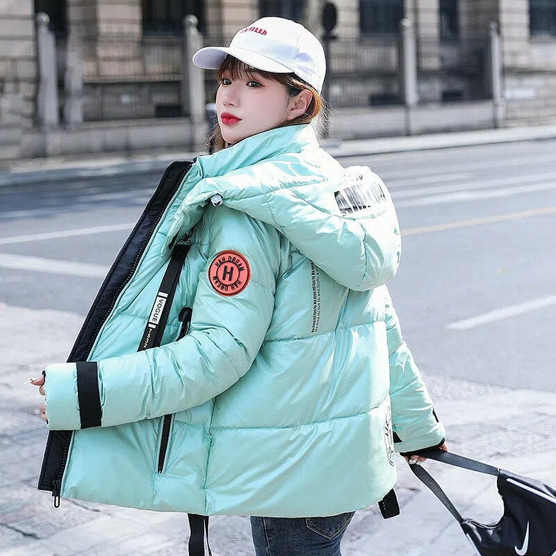 2022ฤดูหนาวใหม่ Glossy ยกเว้นล้าง Thicken ลงผ้าฝ้ายสั้นเสื้อแจ็คเก็ตสตรี Hooded ฉบับภาษาเกาหลีป่า Outerwear