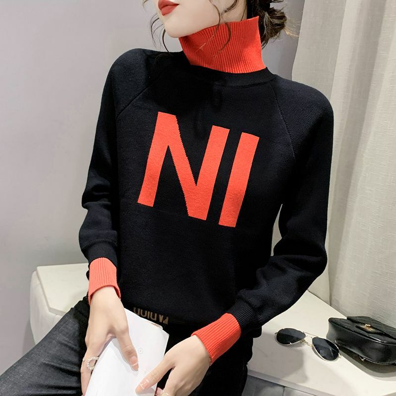 Korean Letter Knitted Jumpers Contrasting Colors Patchwork Women's Clothing Long Sleeve Autumn Winter Turtleneck Loose Sweaters