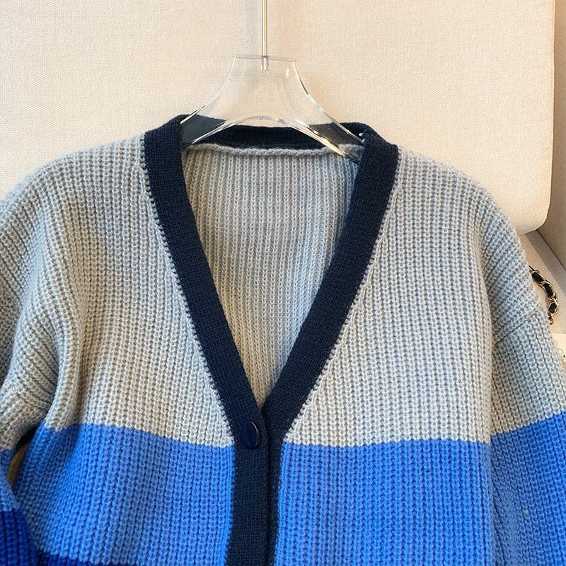 Suéter holgado a rayas con cuello en V para mujer, abrigo suelto de gran tamaño, cárdigan superior, ropa de punto, primavera y otoño