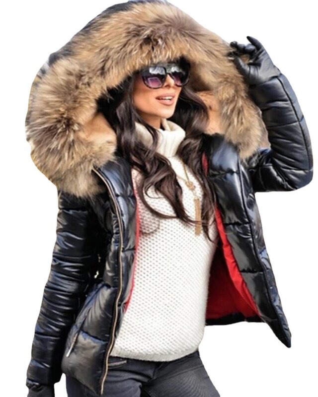 Jaqueta curta para mulheres, casacos grandes e quentes grossos, capuz de pele sintética, parkas monocromáticos, roupas pretas, casaco de inverno, 2023