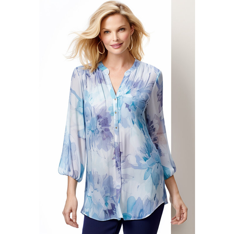 Blusa azul de chiffon gola v feminina, tops plus size, estampa floral, botão baixo, manga 3/4, verão