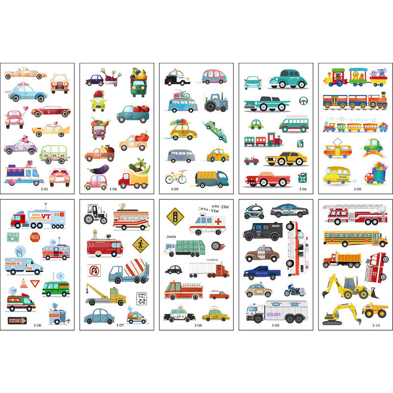 10 Pak Stiker Tato Palsu Kartun Tato Sementara Tato Lengan Anak-anak Kereta Mobil Anak-anak Stiker Tato Pesta Menyenangkan