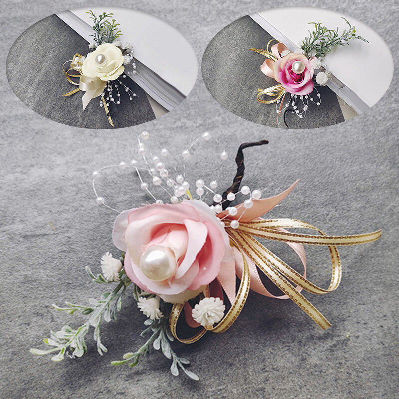 Elegante Corsage Pin Hand Blume Perle Band Handgelenk Blumen Band Perle Bogen Braut Geschenke Hand Blumen Hochzeit Zubehör