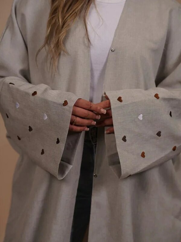 ИД льняная абайя цельный открытый кардиган с сердцем дизайн рукав летучая мышь мусульманская женская верхняя одежда 2024 Рамадан Дубай арабское кимоно