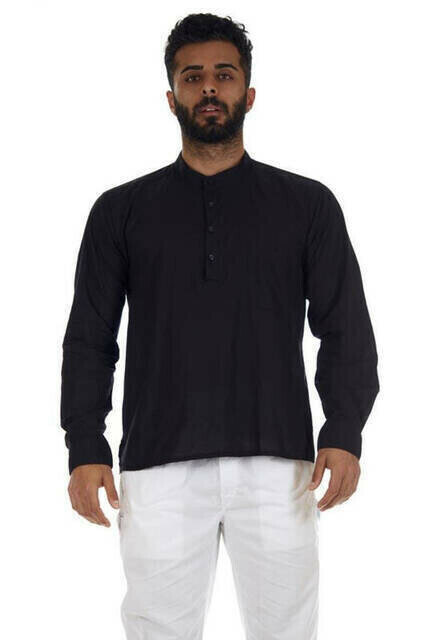 IQRAH Crew Neck 4 Button Voile Fabric Hajj Umrah Summer Shirt Black