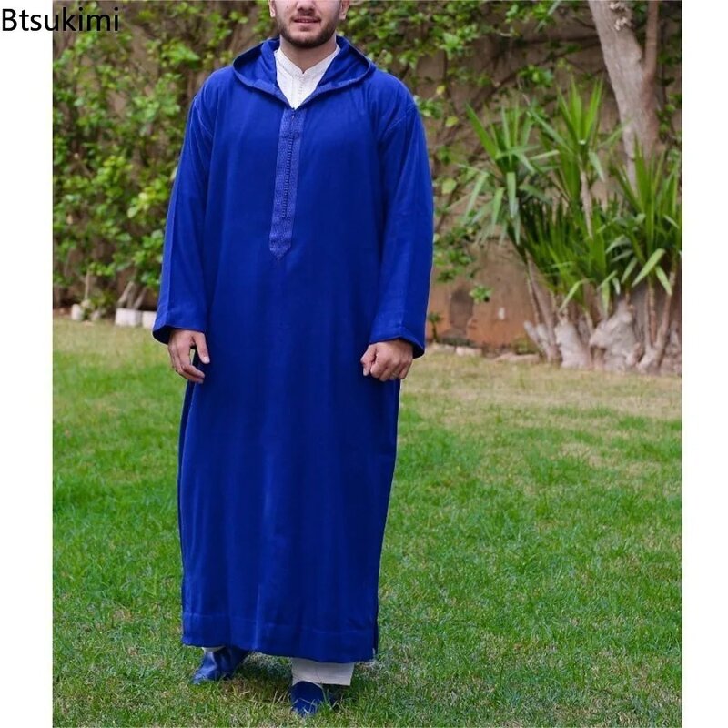 Vestido muçulmano de manga comprida masculino, robe da Arábia Saudita, Juba Thobe, Oriente Médio, roupas islâmicas, nova moda, 2024
