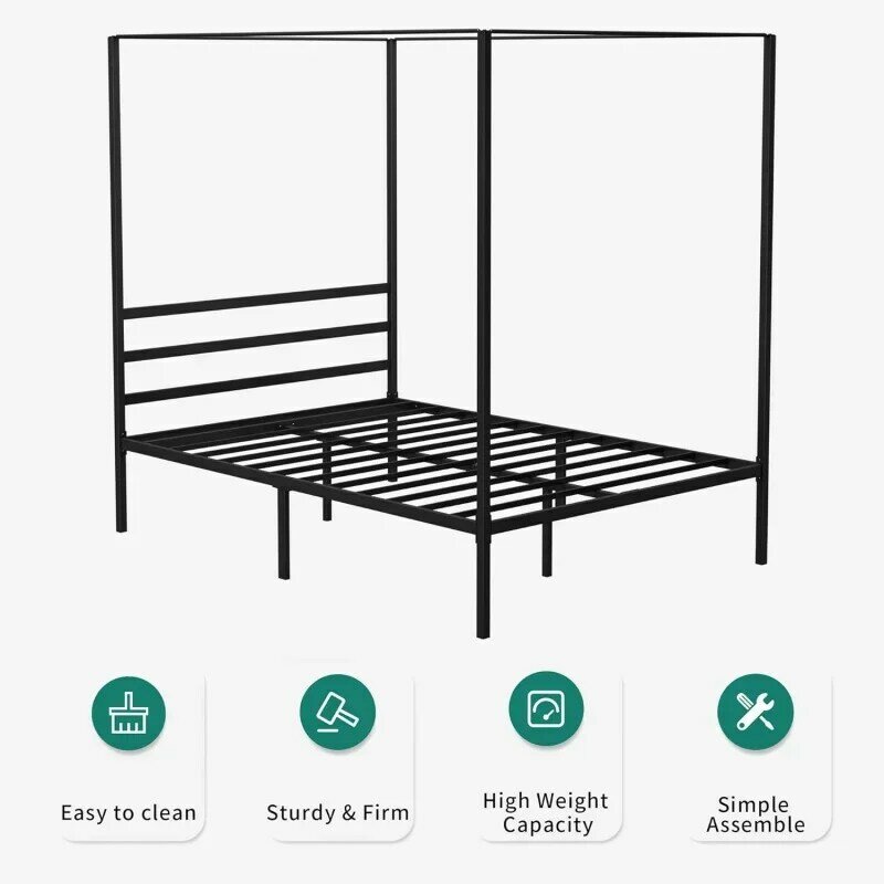 Quadro da cama do dossel do metal com cabeceira incorporado, apoio forte do colchão da ripa do metal, 4 cartaz, 14 "plataforma, nenhuma caixa