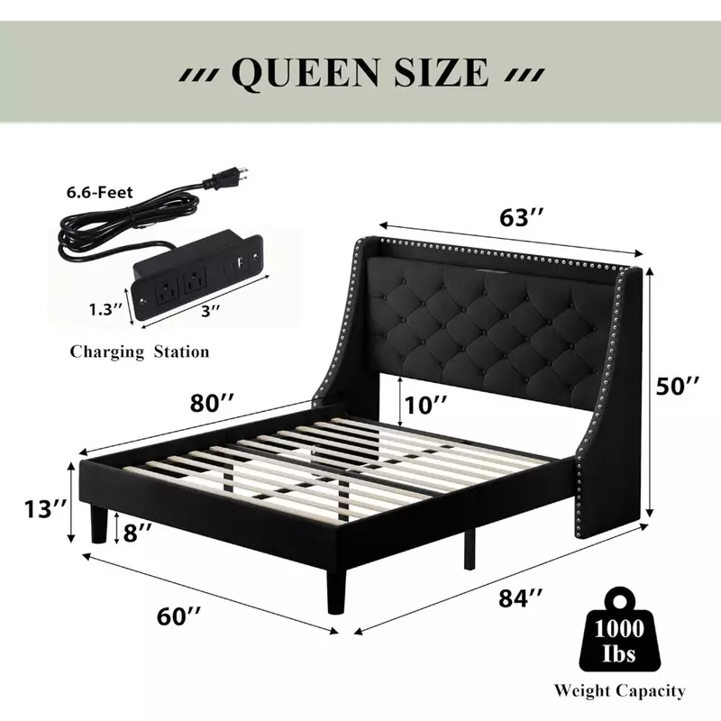 Cadre de lit noir complet avec planche de sauna de rangement touffetée, lit avec station de charge, bouton Wingback de luxe