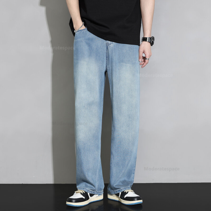 Letnie 100% Lyocell przytulne jeansy męskie miękkie tkaniny elastyczne spodnie dżinsowe w talii odzież męska Korea luźne proste spodnie na co dzień