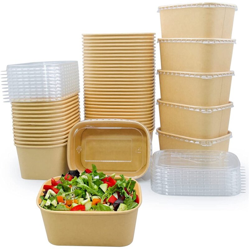Beaucoup de bols à soupe pour restaurants et à emporter, produits personnalisés, bols en papier kraft avec légumes carrés, papier de poulet