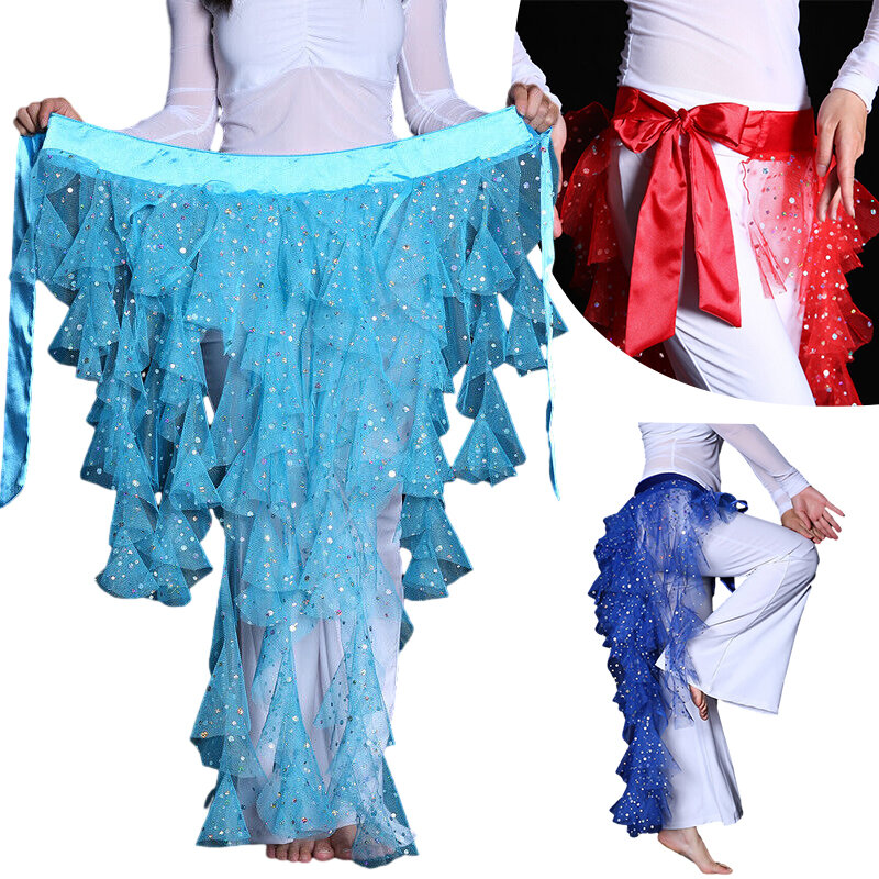 女性用ベリーダンスメッシュスパンコールヒップスカーフラップスカート、ハイローフリル、ウエストチェーンベルト、パーティーコスチュームアクセサリー