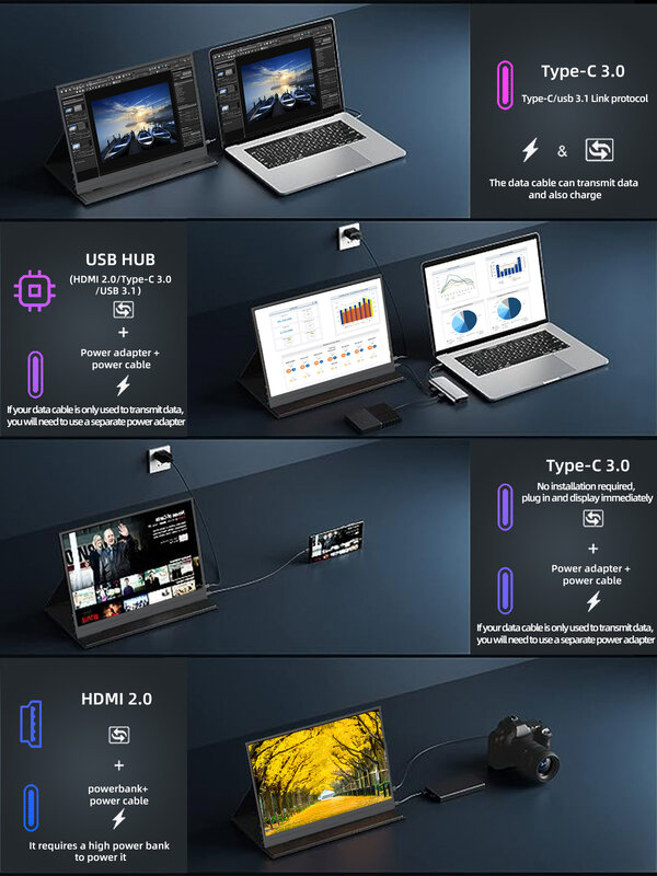 ZSUS 휴대용 모니터, 노트북 XBox PS4 / 5 스위치 TV 박스, 휴대폰 PC 익스텐션 모바일용, 2160*1440, 14 인치, 2K, 60HZ
