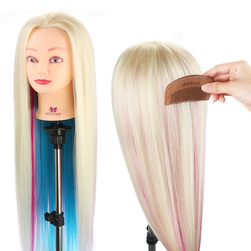 Neverland-Cabeza de Maniquí de pelo sintético colorido para peinados, cabeza de entrenamiento de peluquería con abrazadera de mesa y trenza, 26 pulgadas