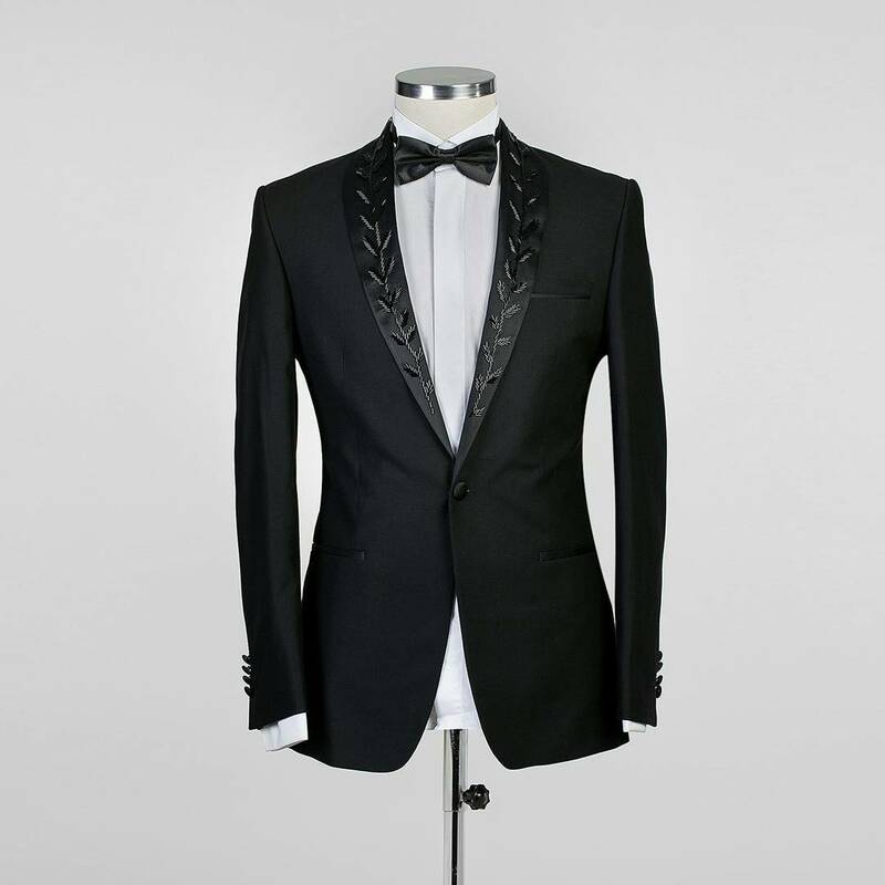 Formal Black Beaded Men Suits Pants Set 2 Piece Blazer+Trousers Office Groom Wedding Tuxedo Single Breasted Coat Tailored Jacket