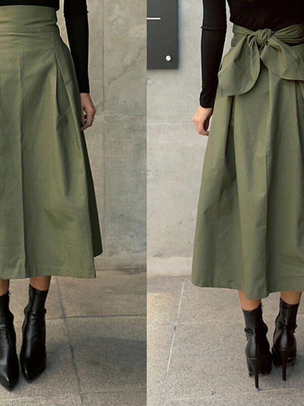Женские юбки, корейская мода, однотонная большая юбка-качели, длинная юбка, осень 2024, тонкие юбки Уайлд Высокая талия с бантом