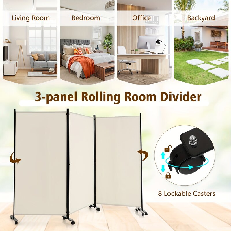 1pc 6.5ft White 3-Panel Wooden Room Divider - Elegant Rolling Privacy Partition with Lockable Wheels - Versatile Foldable Wall f
