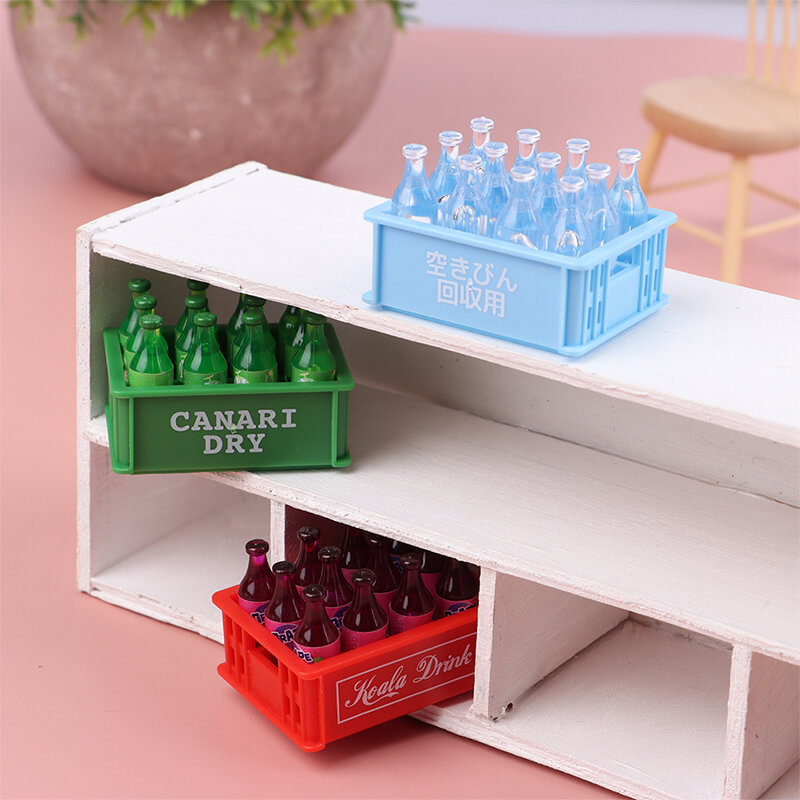 Botella de bebida de Soda en miniatura con caja de almacenamiento, modelo de casa de muñecas, decoración de escena de vida, juguetes de juego de simulación para niños, 1 juego, 1:12