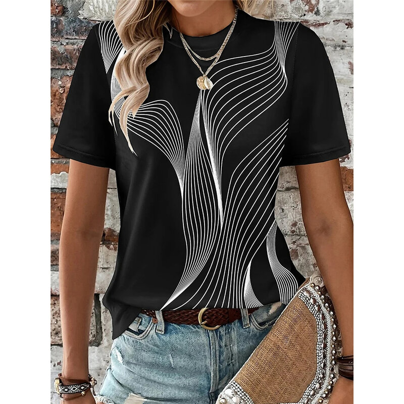Women's T-Shirt 3d Stripe Line Printed T Shirt For Women Funny O Neck Short Sleeve Pullover Geometry Pattern Female Clothing