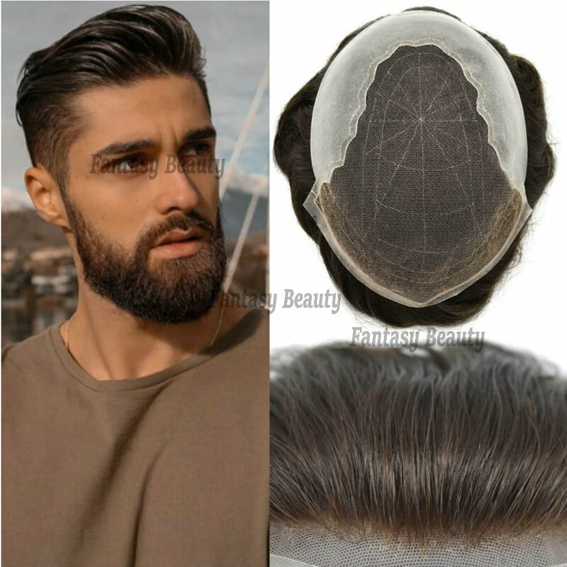 Laço Suíço Invisible Hairline Toupee dos homens, peruca Base PU, substituição do cabelo unidade do sistema, 100% cabelo humano, Q6