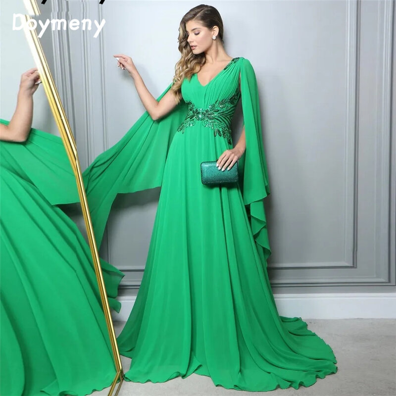 Doymeny-A-Line Chiffon Prom Dress, Long Cape Sleeve, V-Neck, Sash lantejoulas, Ruched Pavimento Comprimento, Vestido de Noite