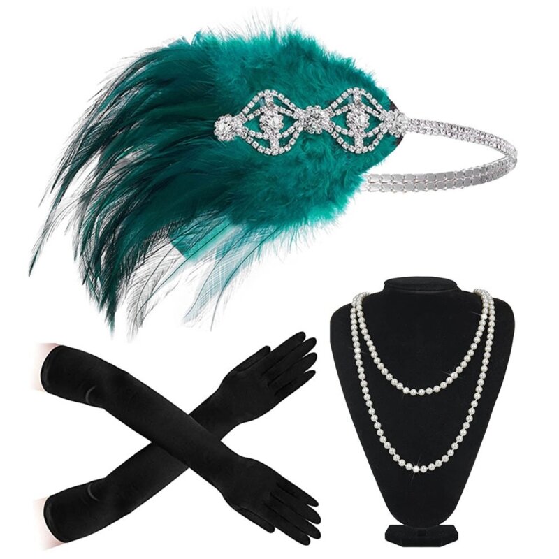 Set accessori vintage degli anni '20 con copricapo piume, guanti, collana, orecchini, costume da flapper degli anni '20,