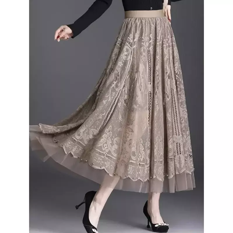 2024 Lace Long Skirt Women Spring Summer Elastic High Waist A-Line Hollow Out Studded Long Skirt Female Elegant Lace Midi Skirt