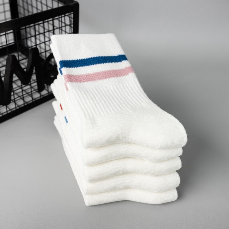 Moresd-10 pares de meias de meio tubo para casal, todo o jogo, respirável, cor sólida, com padrão vertical, bordado esportivo