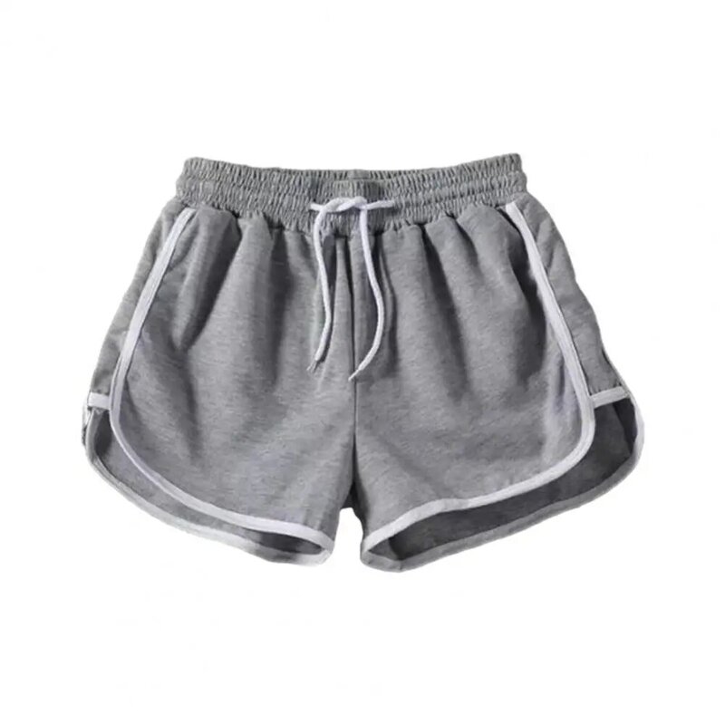 Celana pendek olahraga musim panas, celana pendek pantai Gym Unisex bersirkulasi longgar lembut pinggang elastis tali serut