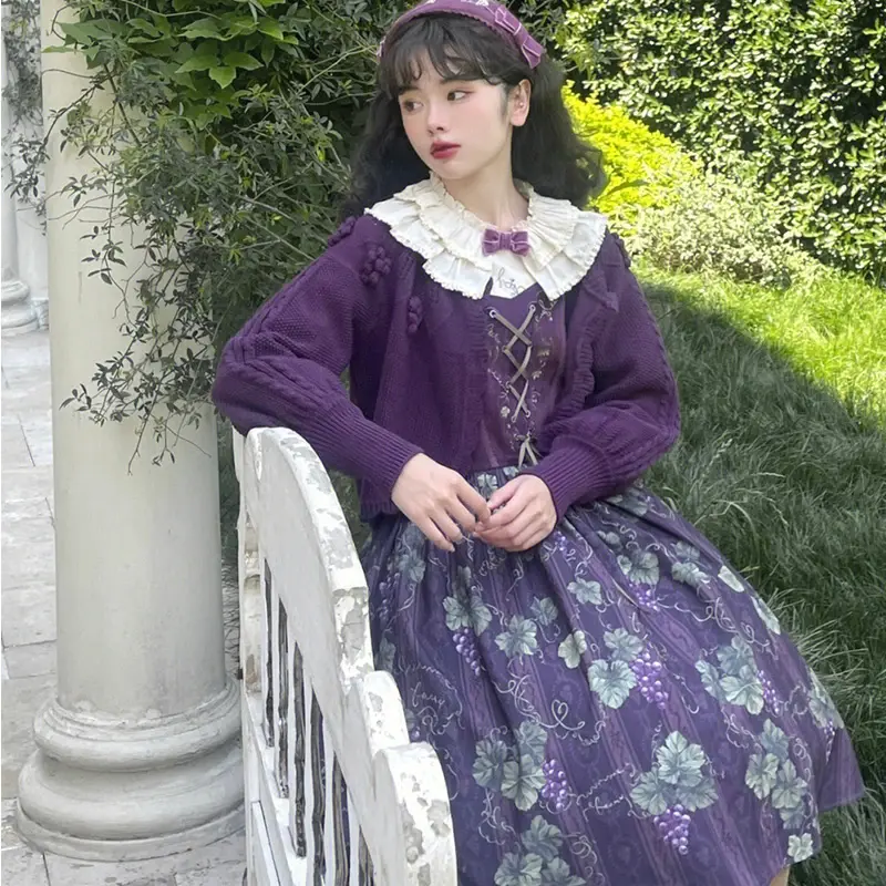 Victorian โกธิค Lolita JSK ชุดวินเทจของผู้หญิงที่สง่างามคริสต์มาสสีม่วงพิมพ์องุ่นชุดเจ้าหญิงสาวน่ารักน่ารักน่ารัก