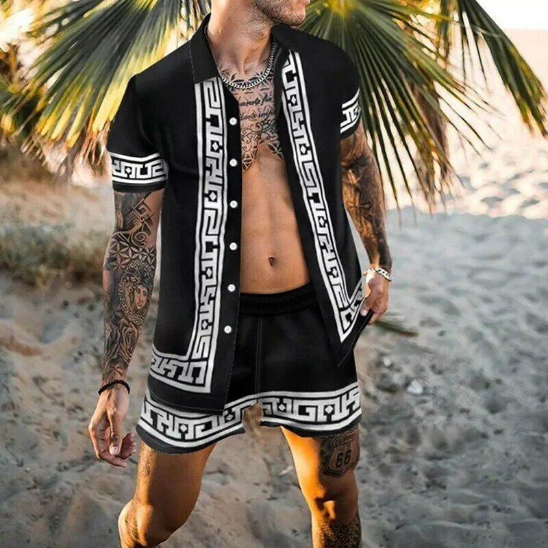 ชุดชายหาดสองชิ้นเสื้อเชิ้ตหลวมพิมพ์ลายชายหาดฤดูร้อนสำหรับผู้ชาย