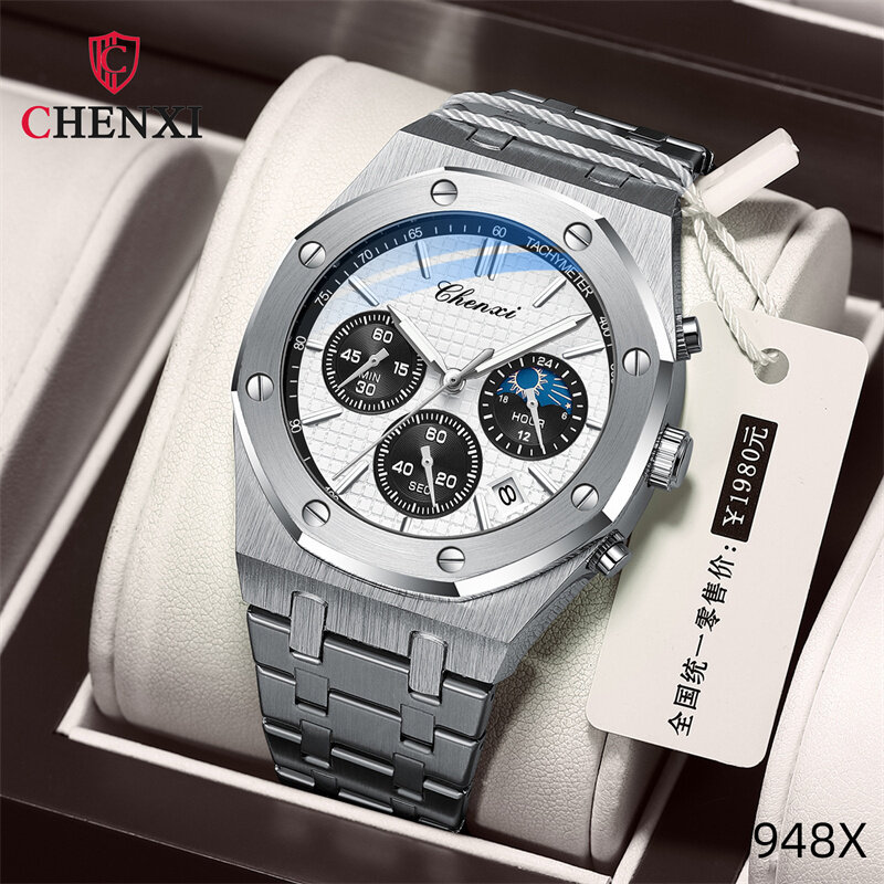 Chenxi นาฬิกาข้อมือควอทซ์948สำหรับผู้ชาย, นาฬิกาควอตซ์แบรนด์หรูชั้นนำนาฬิกาข้อมือสแตนเลสกันน้ำ