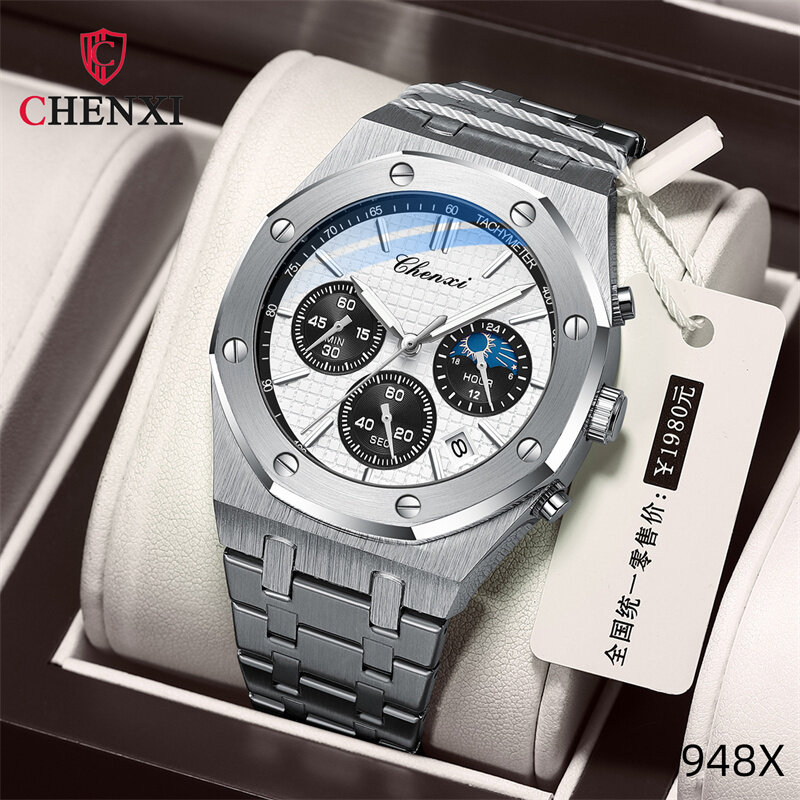 CHENXI-Homens de aço inoxidável relógio de pulso impermeável, Quartz Watch, Data Chronograph, Top Luxury Brand, 948