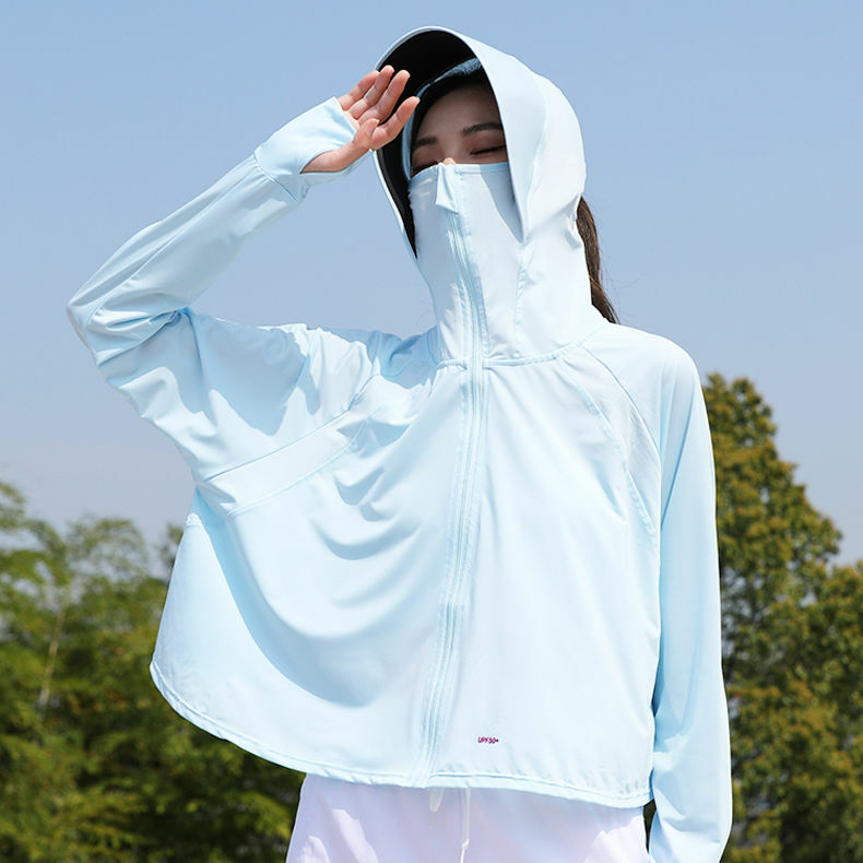 Sunscreen Ice Silk Sun Protection Clothing Mulheres New Summer Western Style UV-Proof Respirável Sunscreen Hooded Sports Jacket