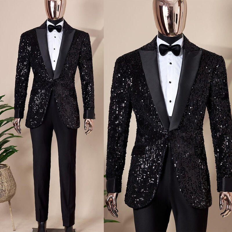 Sparkly Men's Suits Tailored 2 Pieces Sequins Blazer BlackPants One Button Wedding Satin Wide Lapel Formal Custom Made Plus Size