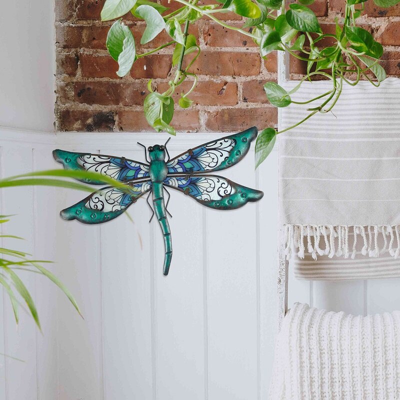 Decoración de pared de libélula de Metal, arte de pared de vidrio artesanal adecuado para decoración de jardín interior y exterior, hermosas Ideas de regalo