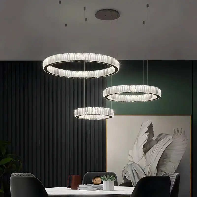 Moderne Kroonluchters Luxe Woonkamer Hanglampen Dimbaar Kristal Glans Stalen Ringen Led Hanglampen Armatuur Opschortende Lamp