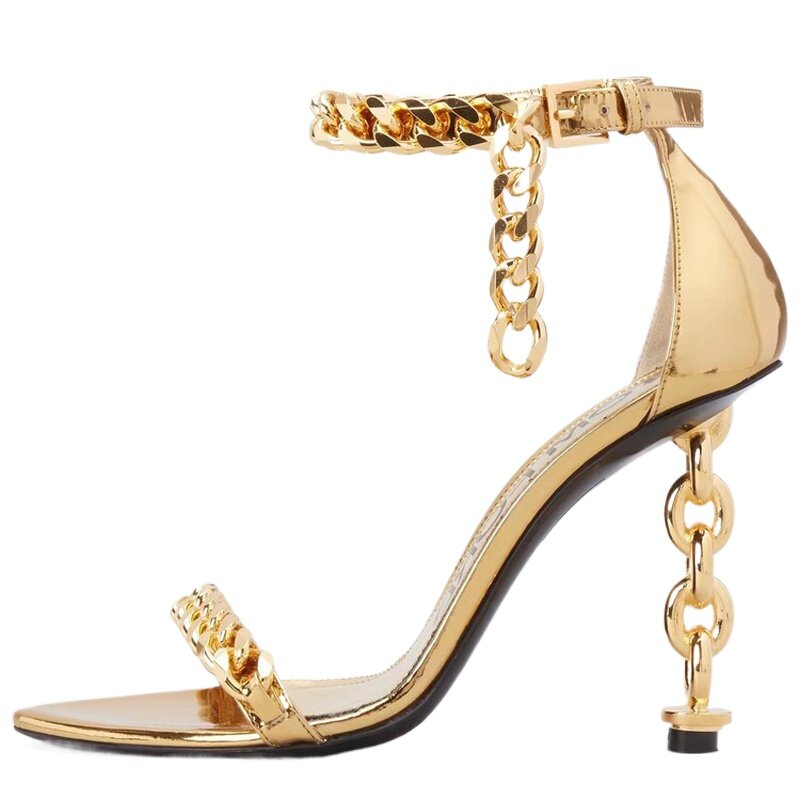 Sandálias personalizadas de salto de metal dourado para mulheres, vestido Stiletto, fivela de tornozelo festa, sapatos de senhora do escritório, Toe quadrado aberto, salto alienígena alto