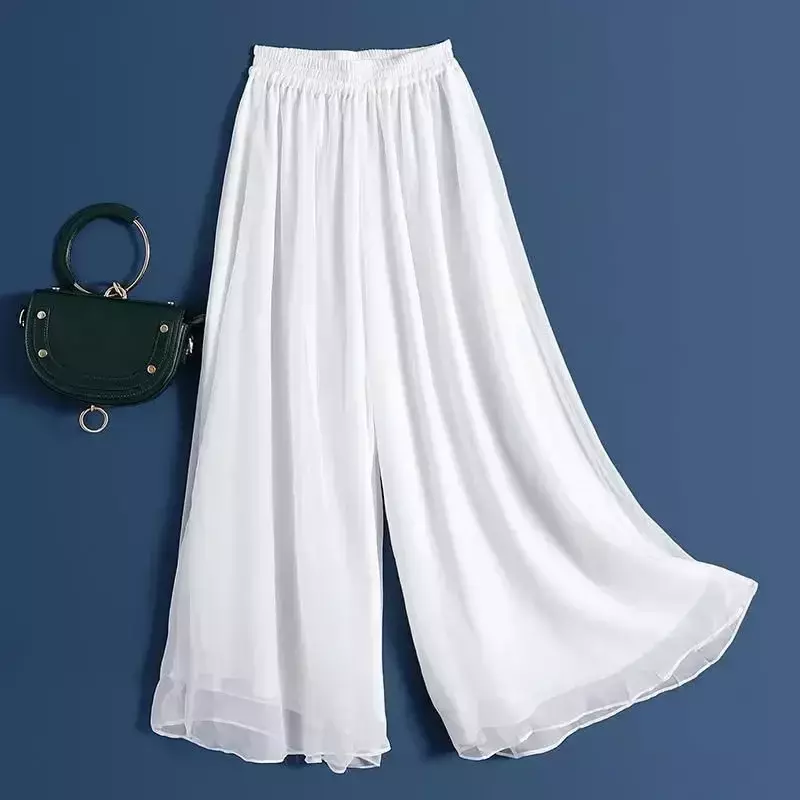 Damskie spodnie z szerokimi nogawkami dwuwarstwowe luźne spodnie typu Swing uniwersalne spodnie z wysokim stanem luźna przycięta spodnie szyfonowe