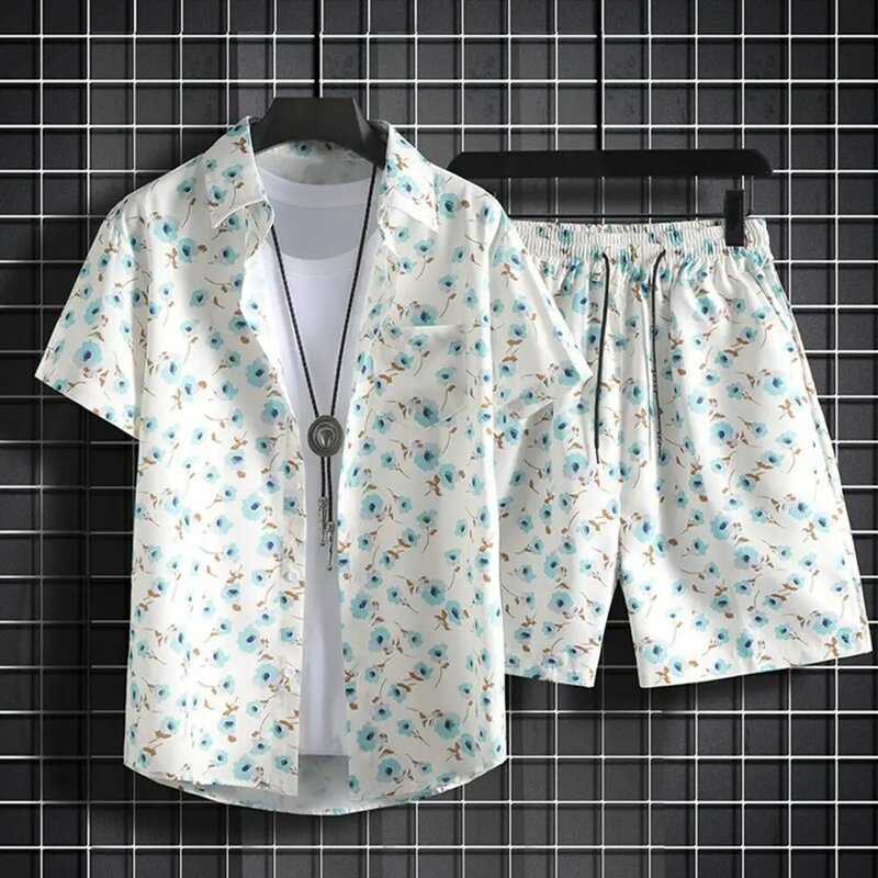 Comfortable Gym Clothes Men's Summer Hawaiian Print Shirt Shorts Set with Elastic Drawstring Waist Pockets Casual for Beach