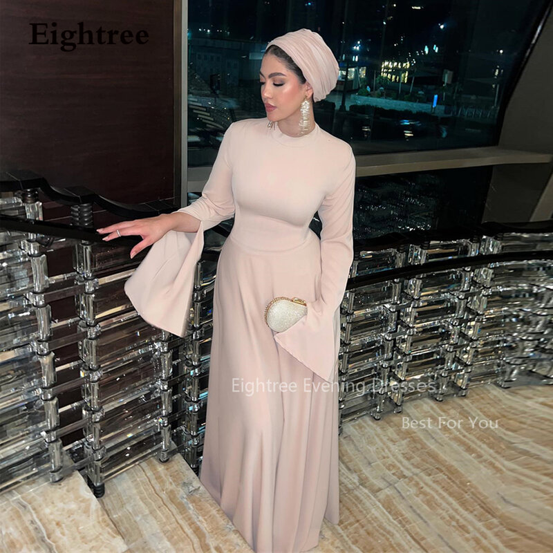 Eightree Light Pink Satin Evening Dresses Flare Long Sleeve O Neck Dubai Muslim Prom Dress Floor Length Arabic Formal Party Gown