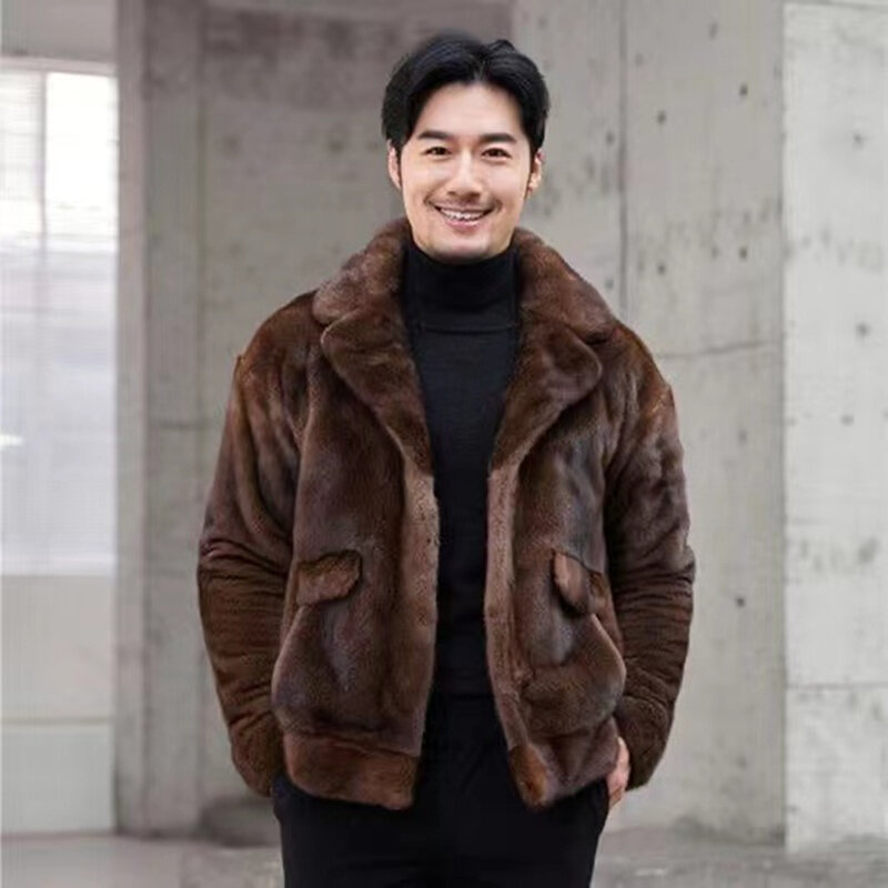 Casaco de pele de vison real para homens, colarinho curto de luxo, jaqueta de pele de vison importada, mangas compridas marrom escuro, pode ser personalizada, 2023